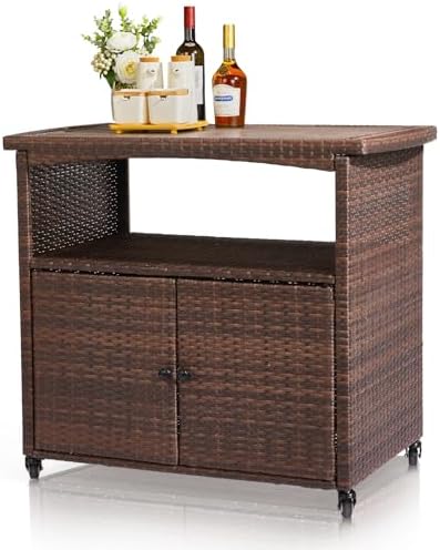 VINGLI Wicker Outdoor Bar Cart with Storage & Rolling Wheels, Patio Bar Table w/Shelf, Outdoor Storage Cabinet Buffet Cabinet Grill Cart for BBQ Pool Patio Kitchen, Brown by VINGLI