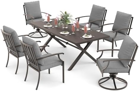ALAULM 7-Piece Patio Dining Table and Chairs for 6 Outdoor Dining Set with 2 Swivel Chairs Patio Dining Sets with Rectangular Metal Table with Umbrella Hole for Patio, Backyard, Garden-Grey - Image 7