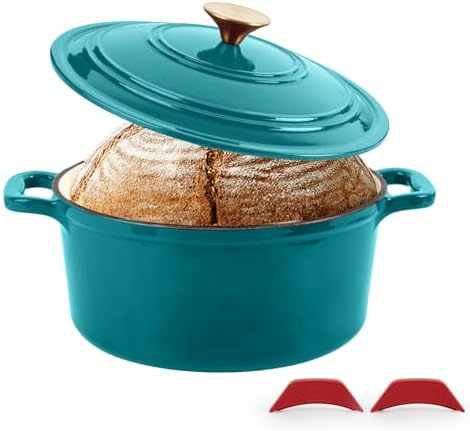 Enameled Cast Iron Dutch Oven with Lid&Silicone Grip, Round Casserole Pot for Bread Baking, Braising, Roasting,Stews,Heavy-Duty Baking Pan,Oven Safe, Induction Compatible (4.7QT,Lagoon) by TASTEDELI