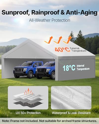 VEVOR Carport Replacement Canopy Cover, 20 x 20 ft Potable Garage Tent Top Tarp with Sidewalls, UV-Resistant & Waterproof, Heavy Duty Car Shelter Tarp with Ball Buggees, Grey, Frame Not Included - Image 3