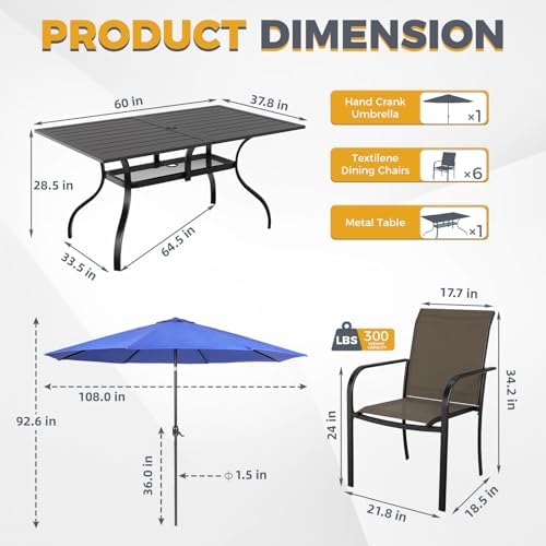 Incbruce 8 Pieces Patio Dining Set with Dark Blue Umbrella, Outdoor Dining Set of 6 Textilene Chairs and Rectangle Table with Umbrella Hole for Backyard, Garden, and Poolside (Brown) - Image 5
