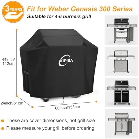 Kipiea 600D Heavy Duty Gas Grill Cover for Weber Genesis 300 Series & New Genesis 300 Grills, 60-Inch Waterproof BBQ Cover with Windproof Buckles, UV Resistant, No Tear, No Fading - Image 3
