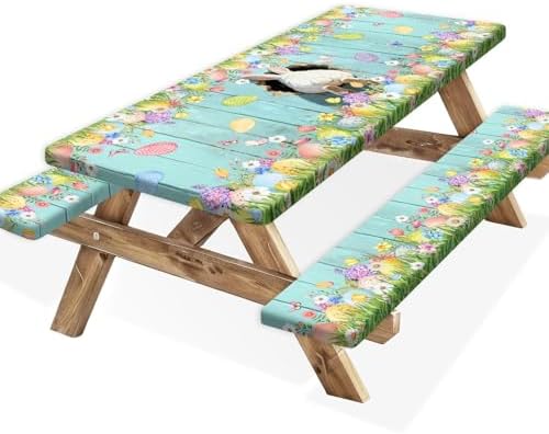 Easter Picnic Table Cover with Bench Covers, Cute Bunny Flower Blue Wooden Board Camping Tablecloth, Waterproof Windproof, Fitted Tablecloth Cover with Elastic Edge, for Outdoor, 3 PCS, 30x60 Inch by Xguatan