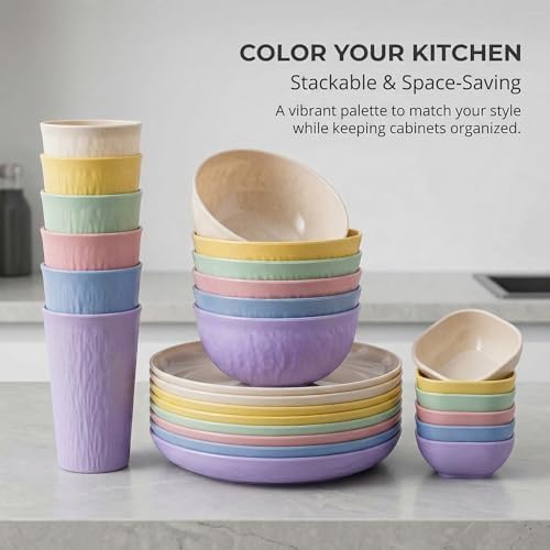 SHECIPIN 24-Piece Wheat Straw Dinnerware Set, Large Round Plates, Bowls and Cups, Unbreakable dish set, Dishwasher and Microwave Safe, Outdoor Camping Dishes - Image 6