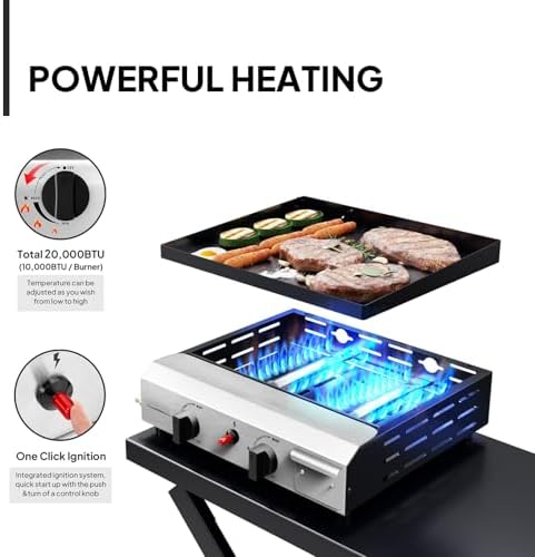 Bonnlo Foldable Flat Top Grill with 2 Burner, Powerful 20,000 BTU Propane Gas Grills with Ignition, Enamel Griddle, Side Shelf & Portable Cart with Wheels for Outdoor Camping Hibachi Grill Use - Image 2