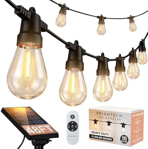 Brightech 48 (42+6) FT Ambience Pro Outdoor Solar String Lights - Bright Remote Control Color Adjustable Solar Light - Commercial Grade, 15 Waterproof LED Bulbs for Patios, Camping, Yard, Outside by Brightech
