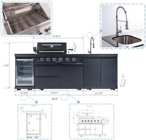 98.4 Inch Outdoor Kitchen Island, 72000 BTU Gas Grill Combination With Refrigerator and Sink, Outdoor Stainless Steel Barbecue Bar, Natural Gas Barbecue Grill for Patios, Gardens, Parties - Image 2