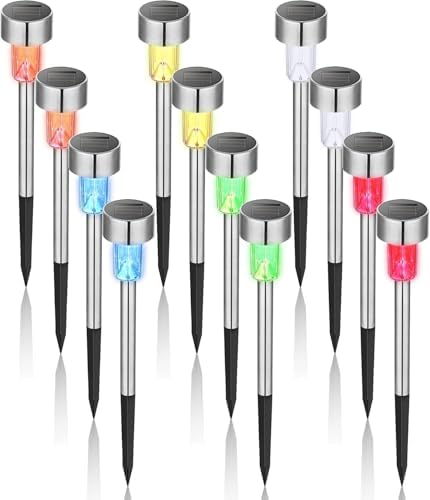 GIGALUMI Solar Garden Lights Outdoor, 12 Pack 6-Color, IP65 Waterproof Decorative Pathway Lights, Stainless Steel LED Landscape Lighting for Yard, Lawn, Walkway by GIGALUMI