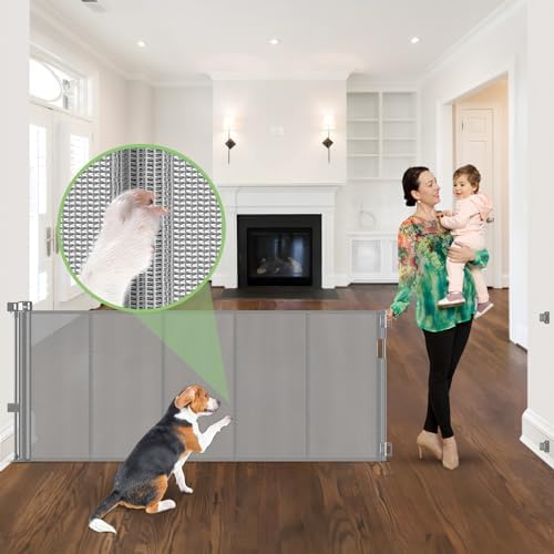 96 Inch Wide Reinforced Retractable Dog Gate, Prevents Crawling Under, Gray by BabyPetSafetyGate