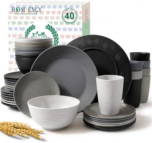 Homienly 40 PCS Kitchen Plates and Bowls Sets for 8 Wheat Straw Dinnerware Sets Microwave and Dishwasher Safe Camping Dish Set Plate Set, Kids, Reusable, Unbreakable, Lightweight-BlackGrey by HOMIENLY