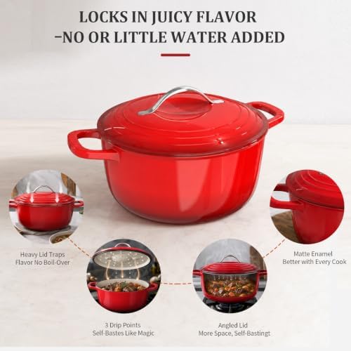 Winado 5 Qt Enameled Cast Iron Dutch Oven Pot with Lid, Red Ombre - Image 7