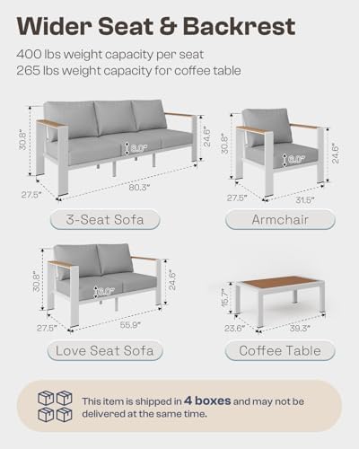 Aluminum Outdoor Patio Furniture Set with Coffee Table, 5 Piece Patio Conversation Sets with Washable Thick Cushions, Patio Sectional Furniture Set for Porch, Balcony, Deck, White - Image 6
