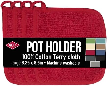 RITZ Terry Potholder & Hot Pad: Unparalleled Heat Resistant, Durable 100% Cotton – Ergonomically Designed for Optimal Grip – Easy-Care Machine Washable – 4-Pack, Paprika Red by RITZ