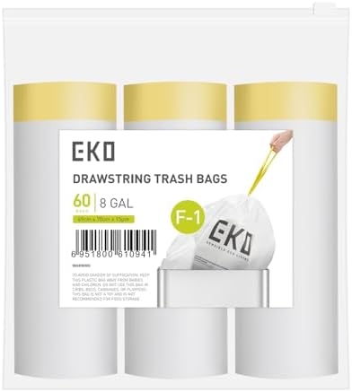 EKO 8 Gallon / 30.3 Liter, 60 Count Drawstring Trash Bags, Extra-Strong Unscented Garbage Bags, Easy-Dispense Roll for Kitchen & Household Use, Resists Tears, Leaks and Punctures, Code F-1, White by Unknown