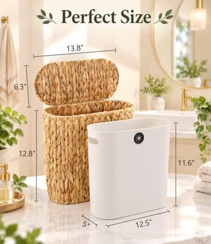 3 Gallon Wicker Trash Can with Lid, Natural Water Hyacinth Waste Basket - Image 3
