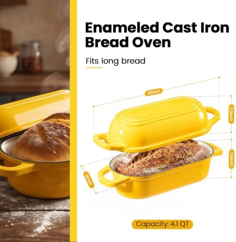 Oval Dutch Oven for Bread Baking,11.3x5 Enameled Cast Iron Bread Pan,Yellow - Image 2