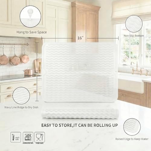 MicoYang Silicone Dish Drying Mat — Quick-Dry Ridges Counter & Sink Pad, Heat-Resistant Trivet to 450°F, Non-Slip & Dishwasher Safe, Roll-Up Storage, 18 Colors & 9 Sizes (Translucent, 16"×12") - Image 2