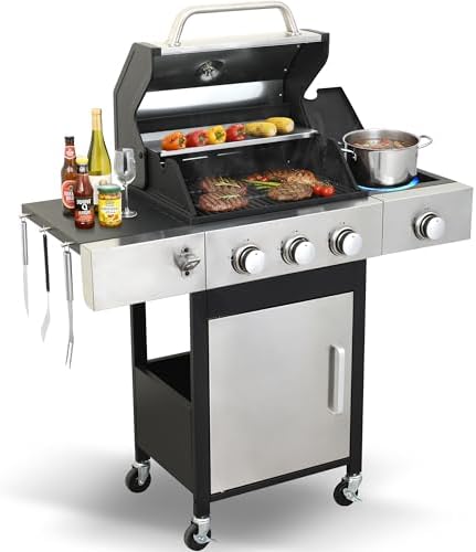 3-Burner Propane Gas Grill 39,000 BTU with Side Burner, Stainless Steel Double-Layer Lid & Porcelain-Coated Cast Iron Grates, Fast Even Heating for Backyard BBQ Camping Tailgating by Unknown