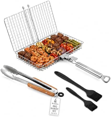 BBQ Grill Basket Set with 12 Inch Tongs & 2 Silicone Basting Brushes, Stainless Steel Folding BBQ Basket for Grilling, Portable Barbecue Grill Basket for Fish, Shrimp, Vegetables, Steak by KOSMIKOS