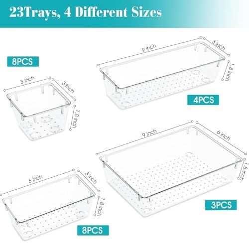 23 PCS Plastic Drawer Organizers Set, 4 Size Desk Drawer Organizer Trays - Image 2