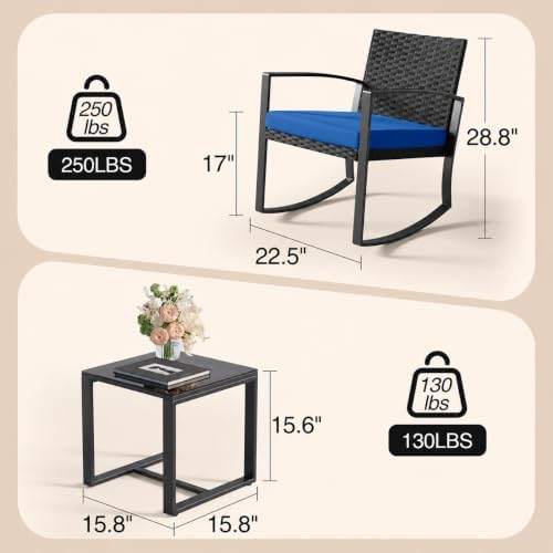 Qsun 3 Piece Patio Bistro Set Patio Furniture Set Outdoor Wicker Rocking Furniture Conversation Set with Tempered Glass Coffee Table for for Front Porch Balcony and Deck (Blue Cushion) - Image 2
