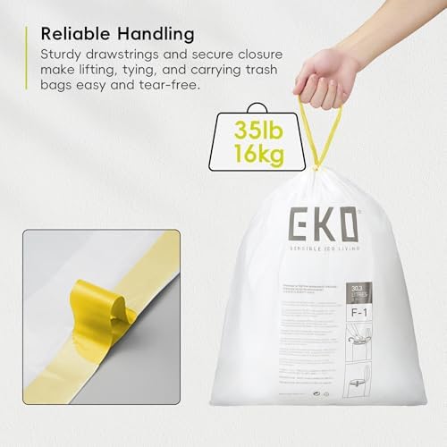 EKO Easy-Dispense Roll Extra-Strong Drawstring Kitchen Trash Bags – 8 Gallon Garbage Bags (30.3L), Code F-1 Slim Fit, White, 100 Count (Pack of 4) - Image 4