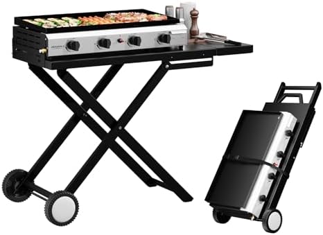 ROVSUN 4 Burner Foldable Propane Griddle with Wheels & Enameled Tray, 40000 BTU Portable Flat Top Gas Grill with Electronic Ignition & Regulator for Outdoor Cooking Camping BBQ Tailgating Picnicking by ROVSUN