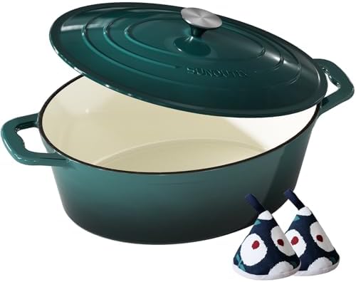 Enameled Cast Iron Dutch Oven, 9.3QT Pot with Lid, Bottle Green by SUNOUTLY