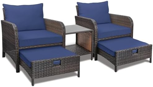 LEVELEVE Balcony Furniture 5 Piece Patio Conversation Set, PE Wicker Rattan Outdoor Lounge Chairs with Soft Cushions 2 Ottoman&Glass Table for Porch, Lawn-Brown Wicker by Enjoyyourlife