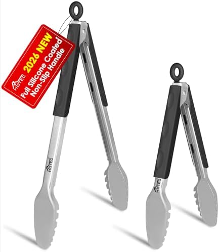 Hotec Stainless Steel Kitchen Tongs, Set of 2-9" and 12", Locking Metal Food Tongs for Cooking, Serving, BBQ, Grill Non-Slip Grip by Hotec