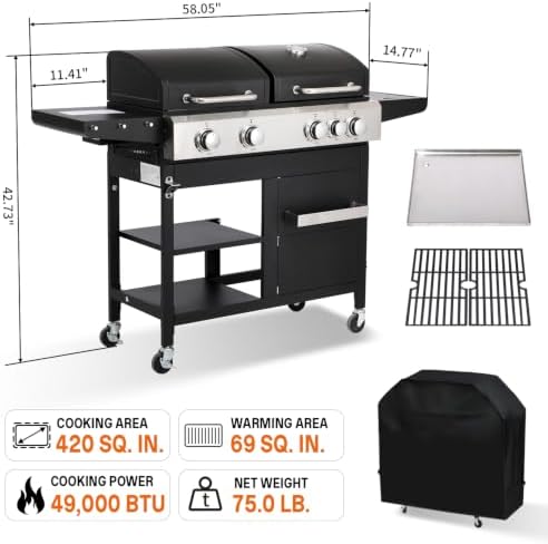 Gas Grill and Griddle Combo with Side Burner, Flat Top Grill - Image 2