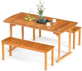 Tangkula 3 Piece Acacia Wood Patio Dining Table Set, 63" Large Patio Table & 2 Backless Benches w/Umbrella Hole, Farmhouse Indoor Outdoor Diner Furniture for Garden Poolside Deck Kitchen by TANGKULA
