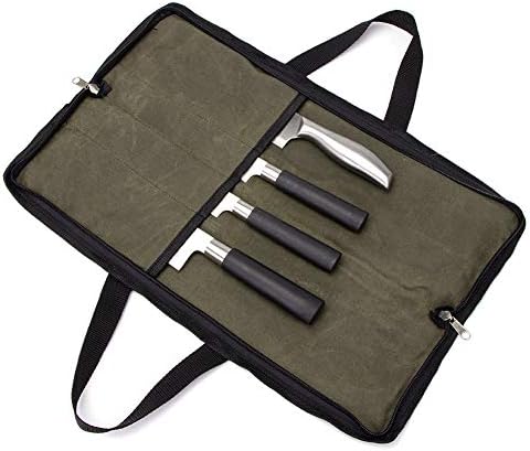 4 Slots Chefs Knife Roll Bag Zipper Waxed Canvas Case Army Green by QEES