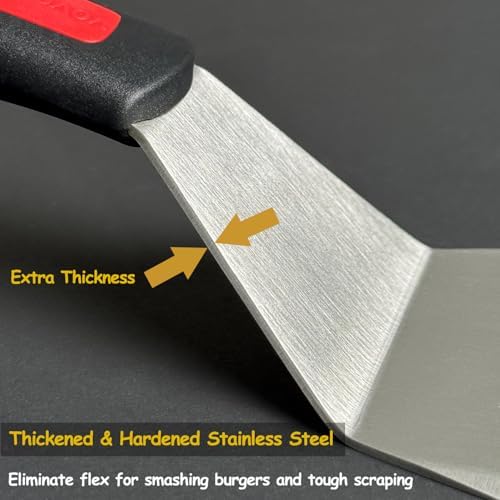 Professional Metal Spatula for Cast Iron Skillets and Flat Top Grills, Full Tang Silicone Handle,Thickened Stainless Steel Blade, Smash Burger Spatula Turner for Flipper, Cooking, BBQ, 5 x 2.75 Inch - Image 3