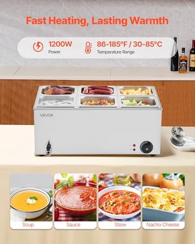 VEVOR 6-Pan Commercial Food Warmer, 24QT Electric Steam Table, 1200W Professional Countertop Stainless Steel Buffet Bain Marie with 86-185°F Temp Control for Catering and Restaurants, Silver - Image 3