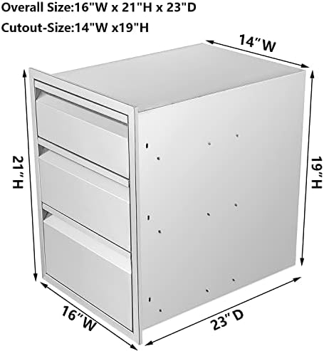 16" W Outdoor Kitchen Drawer Stainless Steel BBQ Triple Drawer Flush Mount for Outdoor Kitchen Island(Overall Size:16" W x 21" H x 23" D inch) - Image 3