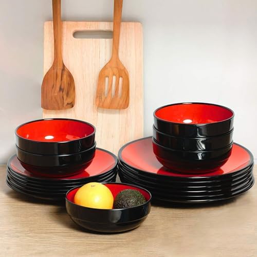 TP 12-Piece Melamine Dinnerware Sets, Service for 4, Glossy Black&Red - Image 6