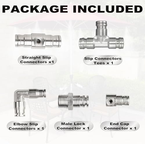 1/4" Brass Slip Connectors Kit for High Pressure Misting System – 5-Piece Brass Misting Nozzle Connectors (Straight, Elbow, Tee, 1/4" Male Lock, End) – 1500 psi - Image 3