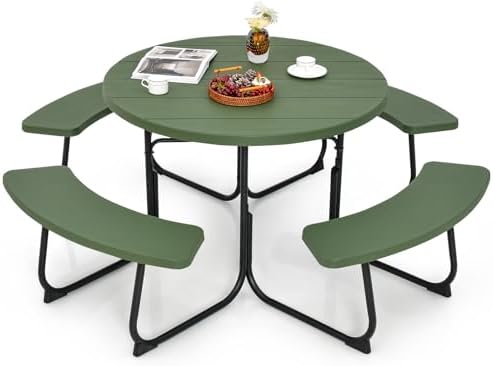 Tangkula 8 Person Round Picnic Table with 4 Built-in Benches, Green by TANGKULA