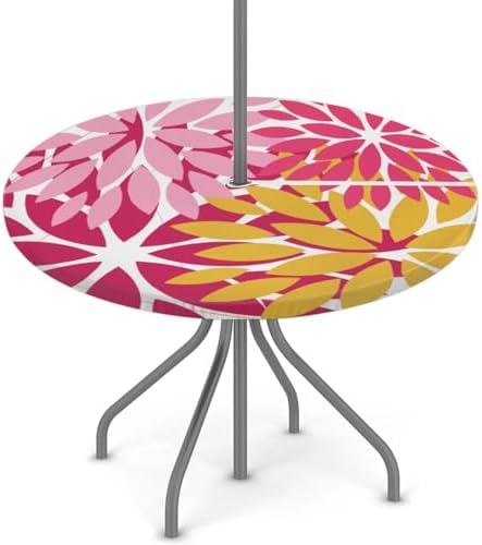 Round Tablecloth with Umbrella Hole and Zipper Elastic Fitted Table Cloth 45"-56" Oil-Proof Waterproof Patio Table Cover for Outdoor Picnic Party, Spring Summer Geometric Elegant Pink Yellow by GzLeyigouHomeKitchen