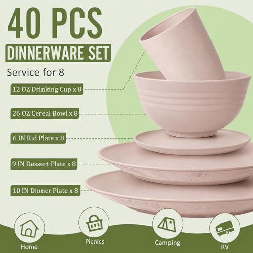 Wheat Straw Dinnerware Sets for 8, 40 Piece Unbreakable Dinnerware Set, Plates and Bowls Sets, Kitchen Plates and Bowls Set, Lightweight Dish Set for Travel Camping Party Outdoor Use - Muted Pink - Image 2