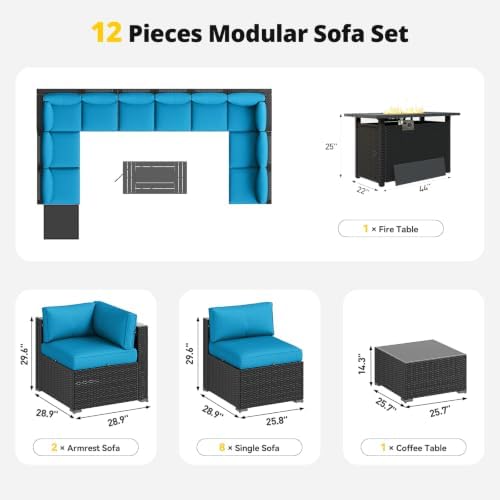Aoxun Patio Furniture Set with Fire Pit Table, 12 Piece Outdoor Sectional Sofas, 10 Seats Wicker Rattan Outdoor Furniture with Thickened Cushion for Backyard, Garden Peacock Blue - Image 6