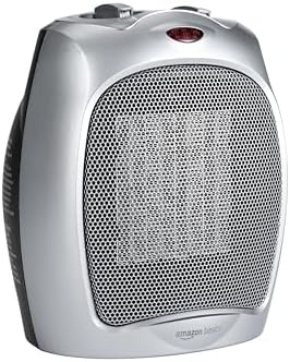 Amazon Basics Ceramic Space Heater, Portable Indoor Heating Solution, With Overheat and Tip-Over Protection, Thermostat, Non-Oscillating, 1500W, Fast Heating, 7.52"D x 6.34"W x 9.45"H, Silver by AmazonBasics