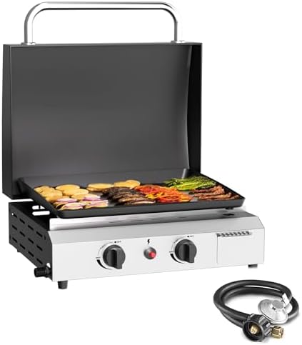 SKOK 2 Burner Gas Griddle with Hood- 17 Inch Outdoor Propane Griddle-30000 BTU Propane Fuelled, Portable Flat Top Gas Grill Camping Griddle with Lid for Kitchen, Outdoor BBQ, Camping by SKOK