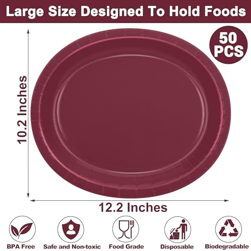 50 Pack Burgundy Plates 12.2" x 10.2" Heavy-duty Paper Oval Dinner Plates - Image 2