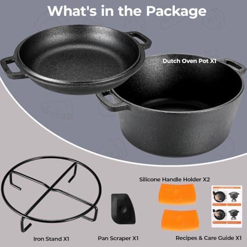 TLGREEN Cast Iron Dutch Oven 5.1QT Pot 1.9QT Skillet Lid Silicone Holders - Image 6