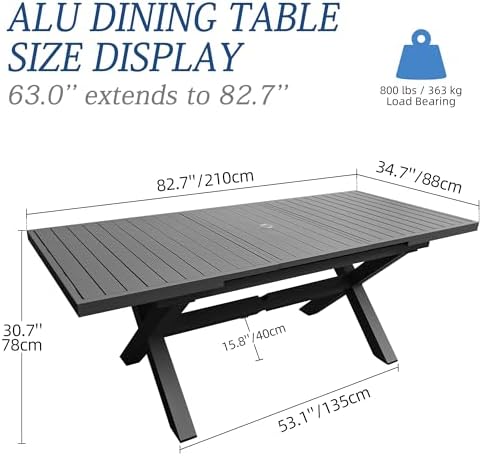 6-8 Seats Extendable Patio Table, Aluminum Dining with Umbrella Hole - Image 3