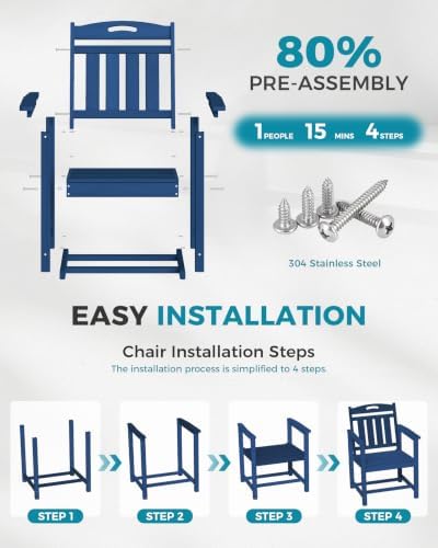 Ciokea HDPE Outdoor Patio Dining Chairs Set of 2, All-Weather, Navy Blue - Image 6