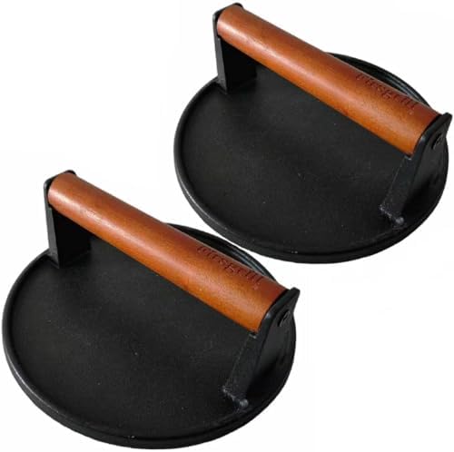Firsgrill 2-Pack Burger Press 7.08" Round,Heavy-Duty Cast Iron Smash Burger Press Meat Steak with Wood Handle for Blackstone Camp Chef Pitboss Weber Griddle Grills (2 Round) by ProfessionalGrillpartsLiving