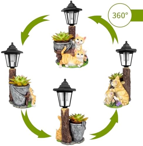 Solar Cat Outdoor Statues, Garden Sculptures with Flowerpot & Lantern - Image 2